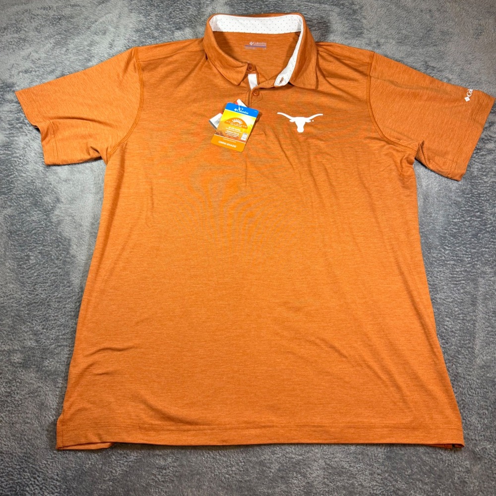 Columbia Texas Longhorns Mens Sz L Polo Shirt Burnt Orange Omni-Shade UPF 50 NWT